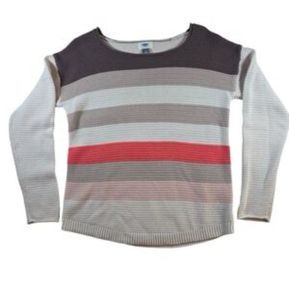 Old Navy Brown Coral Crew Neck Sweater with Color-Block Stripe Design Size Small - Picture 1 of 7